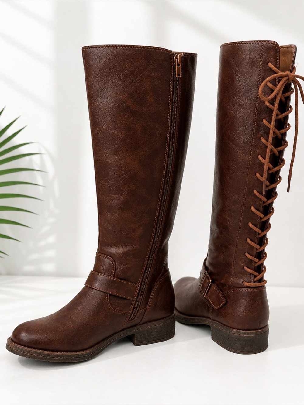 Eurosoft Brown Knee High Boots Adjustable Lace Back Riding Boots Faux Leather